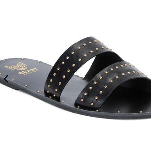 Beast Fashion Double Studded Flat Slide Sandals- Black‎